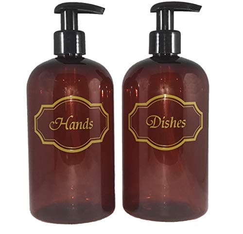 Bottiful Home- 16 oz Amber Hand Soap and Dish Soap Dispenser Kitchen Sink Pump Bottle Set-Gold Print-Empty PET Plastic-Waterproof, Rust-Free, Clog-Free, Drip-Free