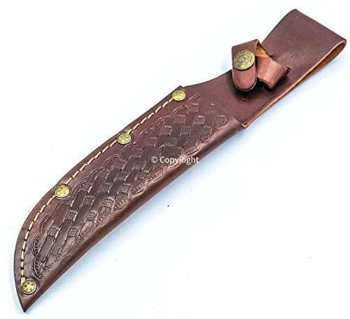 DamaskerUS 10" Handmade Real Leather Sheath for Fixed Hunting Blade Knife Engraved/Belt Loop Brown