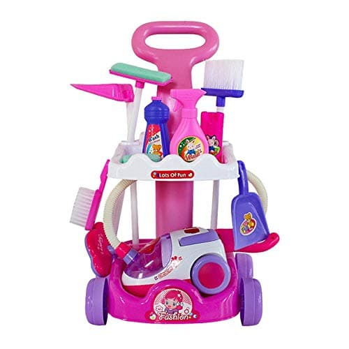 Fightsong Pretend Play Cleaning Set for Toddler Large Cleaning Cart Playset Colorful Housekeeping Pretend Toy Kit Electric Vacuum Cleaner Broom Mops Dustpan