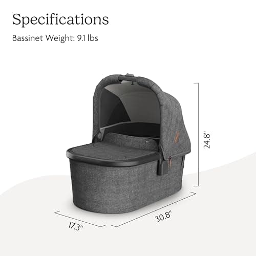 UPPAbaby Bassinet V3 - Compatible with Vista, Cruz, Ridge, Minu Strollers - Overnight Sleep Solution - Mattress, Sheet and Bug Shield Included - Greyson (Charcoal Mélange/Carbon Frame)