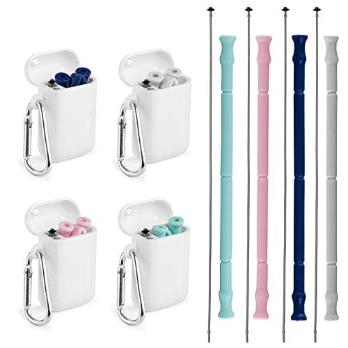 Collapsible Reusable Straws - 4 Pack BPA Free Food-Grade Silicone HoneyTolly Reusable Folding Straw with Case & Cleaning Brush Carabiner for Travel, Camping, Household, Office, Outdoor, Party