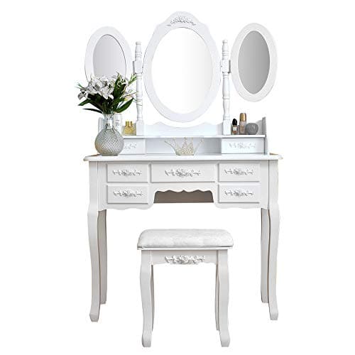 MTFY White Vanity Dressing Table Set Tri-Folding Mirror Vanity Makeup Desk, Cushioned Stool, 7 Drawers, Easy Assembly for Women Girls at Bedroom, Bathroom