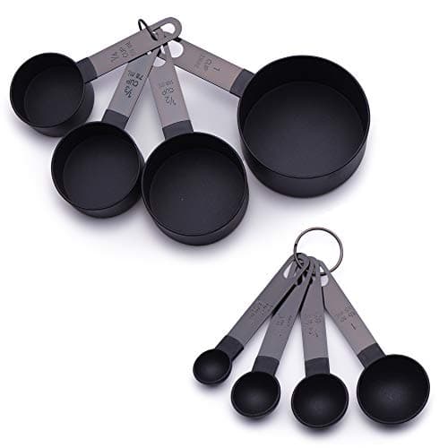 Country Kitchen 8 Piece Nylon Measuring Cups and Measuring Spoon Set with Black Gun Metal Handles for Liquids and Solids (Black)