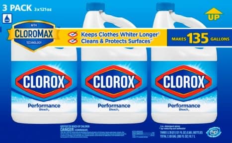 liquid bleach cleaner for laundry and bathroom, HE performance, 121 oz bottle, 3 pack, unscented