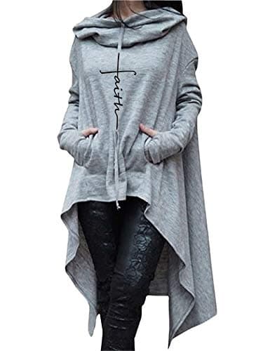 Rfecccy Faith Print Long Sleeve Loose Casual Pullovers Irregular Hem Long Hoodies for Women