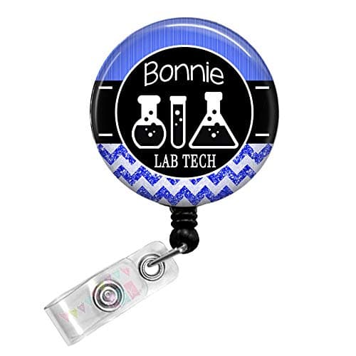 Personalized - Lab Tech with Beakers - Blue - Glitter Chevron - Button Badge Reel - BR0031