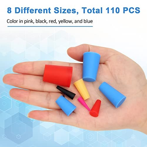 110PCS Silicone Rubber Tapered Plug, Coldairsoap High-Temperature Resistant Rubber Stoppers 8 Size 1/16" to 5/8" for Hole Plugs, Spraying, Coating, Painting Protection