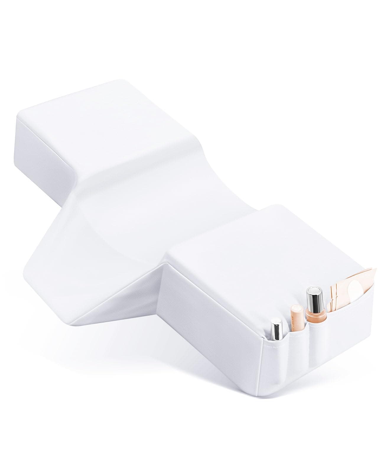 Onism Lash Pillow for Eyelash Extensions, 23'' Extra Wide Waterproof PU Leather Memory Foam Neck Support, Ergonomic Salon Grafting Headrest with Side Organizers, White