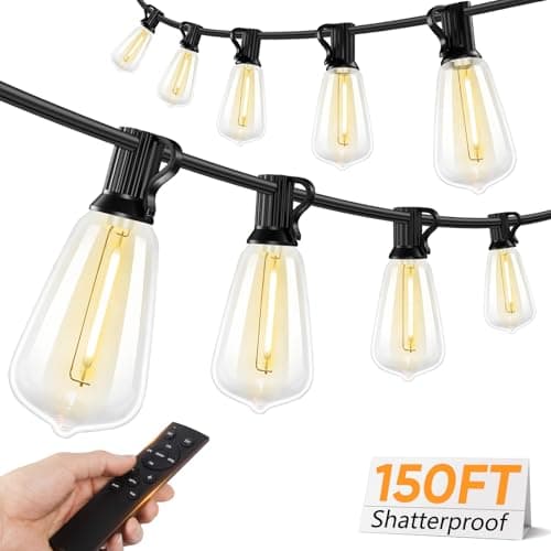 Brightever LED Outdoor String Lights, 150FT Dimmable Patio Lights with Remote Control, 45+2 Shatterproof ST38 Edison Bulbs, 3 Lighting Modes, 3H/5H Timer, Outdoor Hanging Light for Holiday, Party
