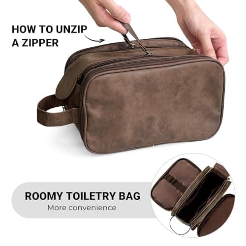 Elviros Toiletry Bag for Men, Large Travel Shaving Dopp Kit Water-resistant Bathroom Toiletries Organizer PU Leather Cosmetic Bags (Dark coffee)