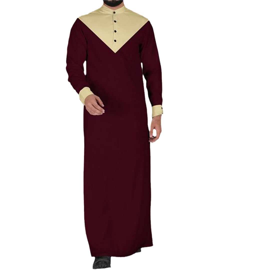 Color Block Design Button Decoration Muslim Clothing Men's Robe Jubba Thobe Saudi Arabian Kaftan Dress Men's Islamic Arab Long-S