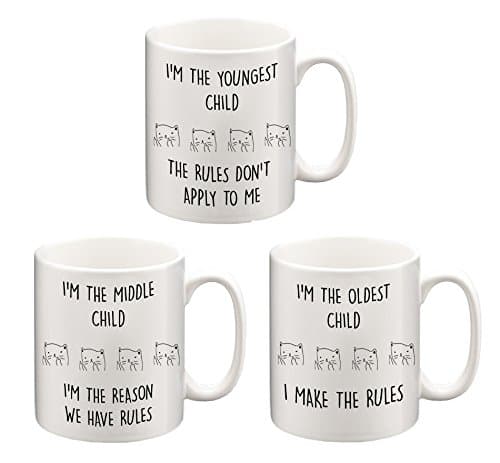 Sponsored Ad – 3 x Funny Siblings Mugs - Youngest, Middle, Oldest Child Sister Brother Rules - Coffee & Tea Gift or Office Mugs