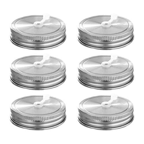 Stainless Steel Mason Jar Lids,12 Pack Polished Surface,Reusable and Leak Proof,Storage Caps with Silicone Seals (6-Pack Stainless Steel Lids with Straw Hole(Regular Mouth))