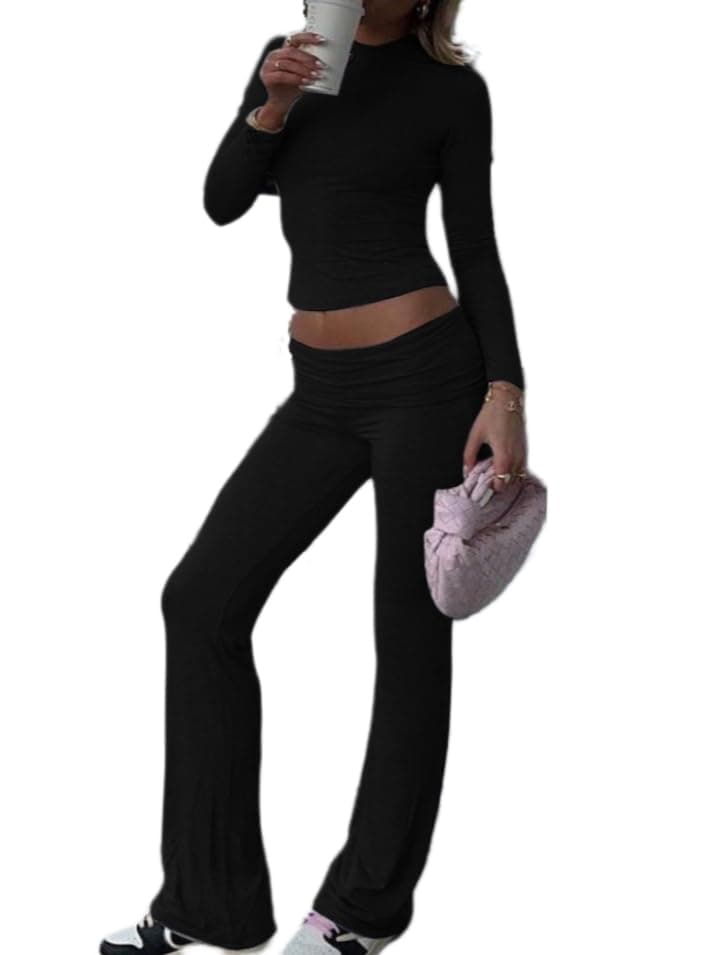 AYWA Women's 2 Piece Outfits Foldover Flare Pants Long Sleeve Crew Neck T-Shirt Fitted Pajama Sets