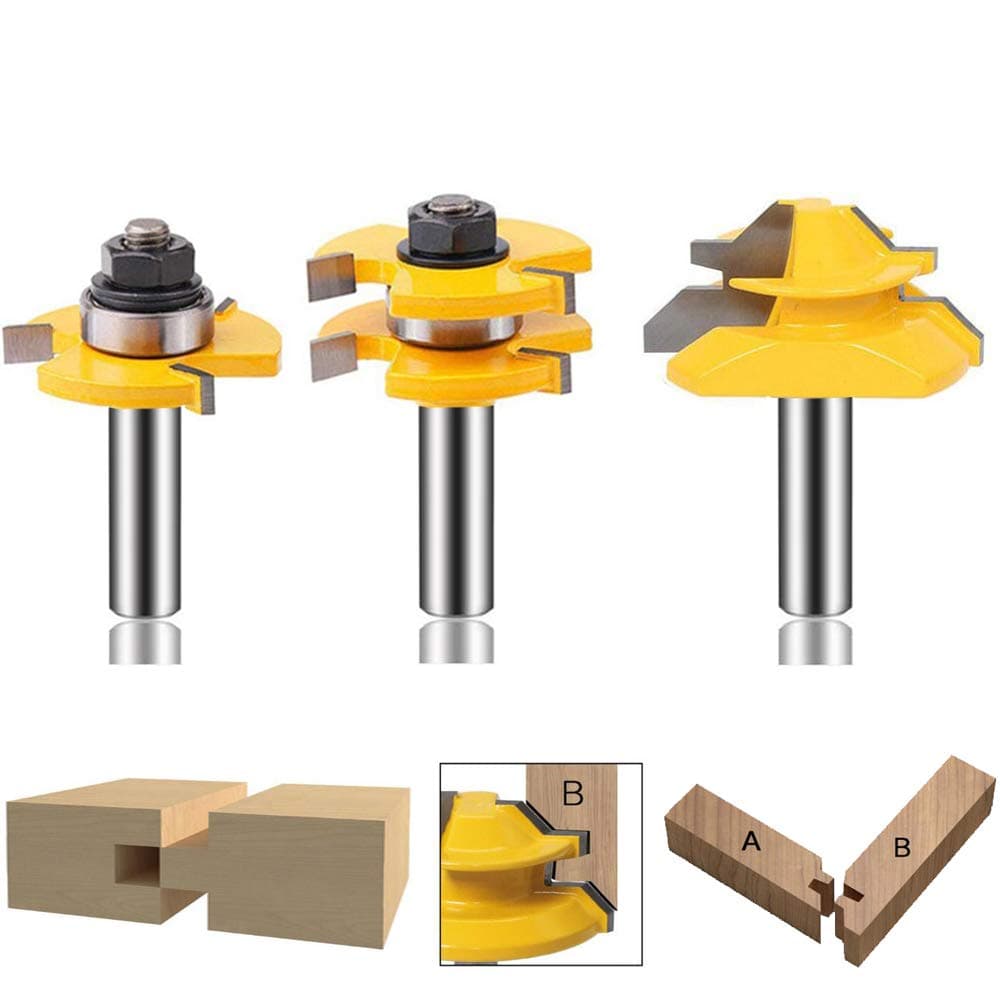 LETBUY 3 PCS Tongue Groove Router Bit Tool Set ½'' Shank + 45° Lock Miter Bit ½'' Shank - Solid Steel, Anti Kickback Design, Easy Operation - For Doors, Tables, Shelves, Walls, DIY Woodwork (3 pcs)