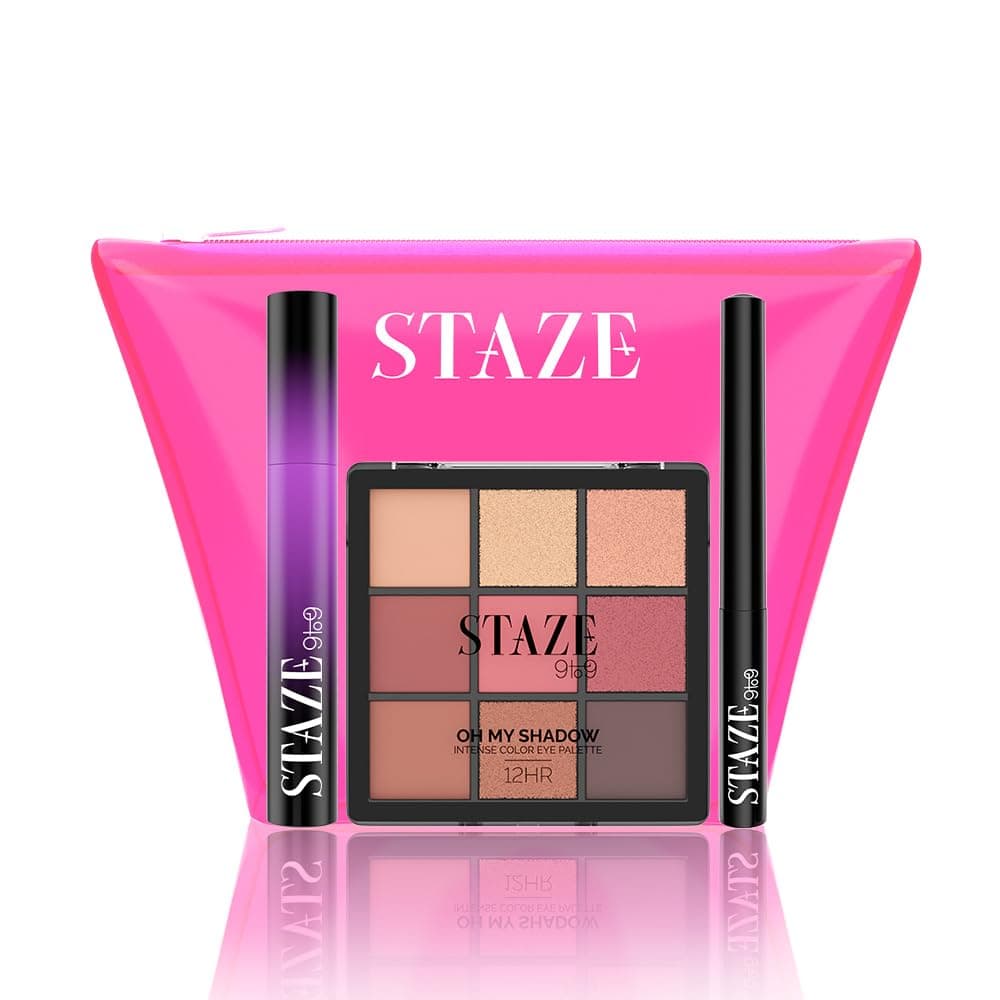 Staze 9to9 Extra AF Eyes Trio 3 in 1 Makeup Combo with FREE Neon Pouch | MakeUp Kit with Tubing Mascara, Eye Liner & Eye Shadow Palette | 12 Hrs Long Lasting Matte Finish Look | Transfer-proof, Smudgeproof & Waterproof | Mix of Matte & Shimmer Eyeshadows | Bridal Makeup Gift Kit for Women & Girls | 17g