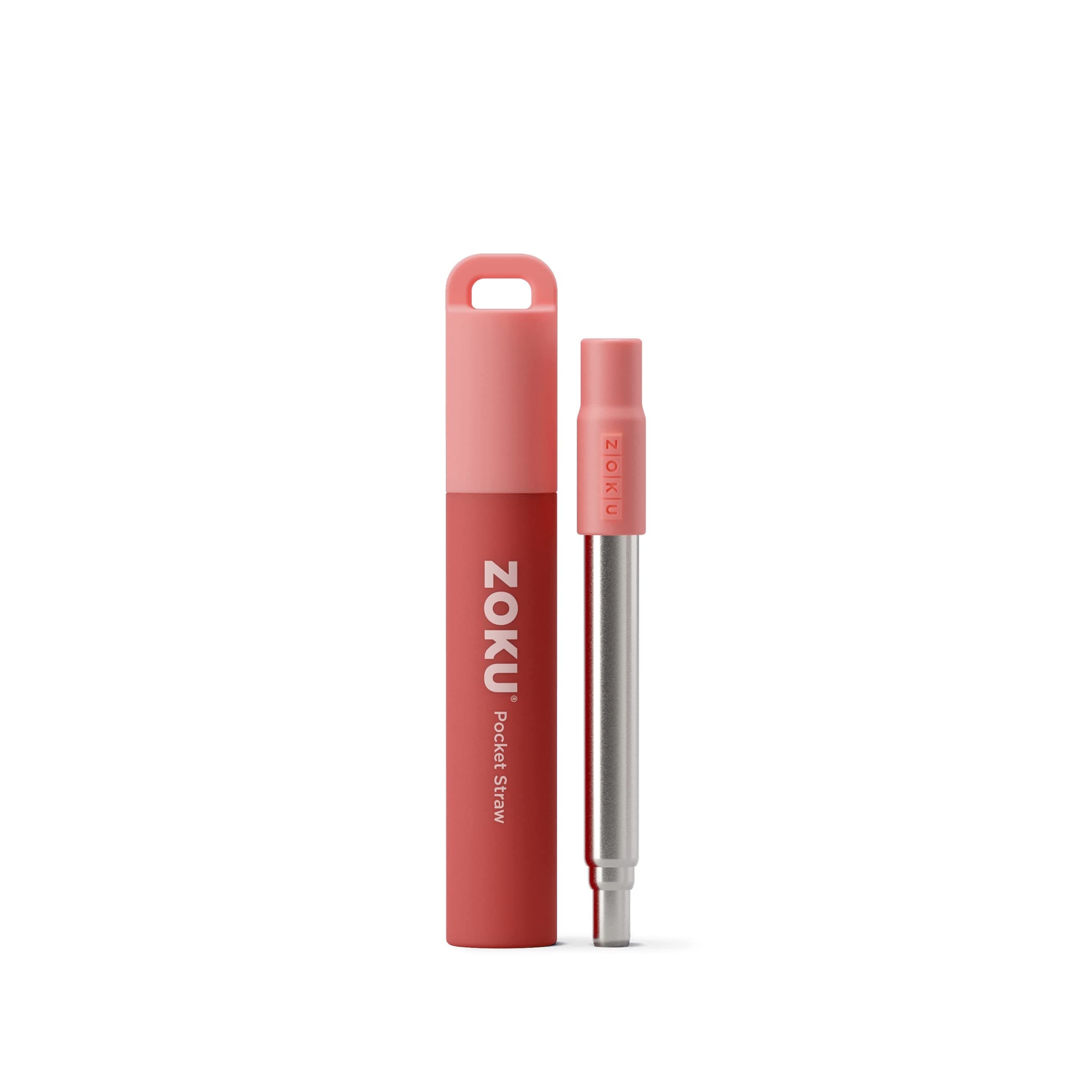 ZOKU Reusable Metal Straw with Case for Travel, Red - Collapsible Stainless Steel Drinking Straw with Silicone Tip and Cleaner Brush, Ideal for Key Chains, Pockets, Purses