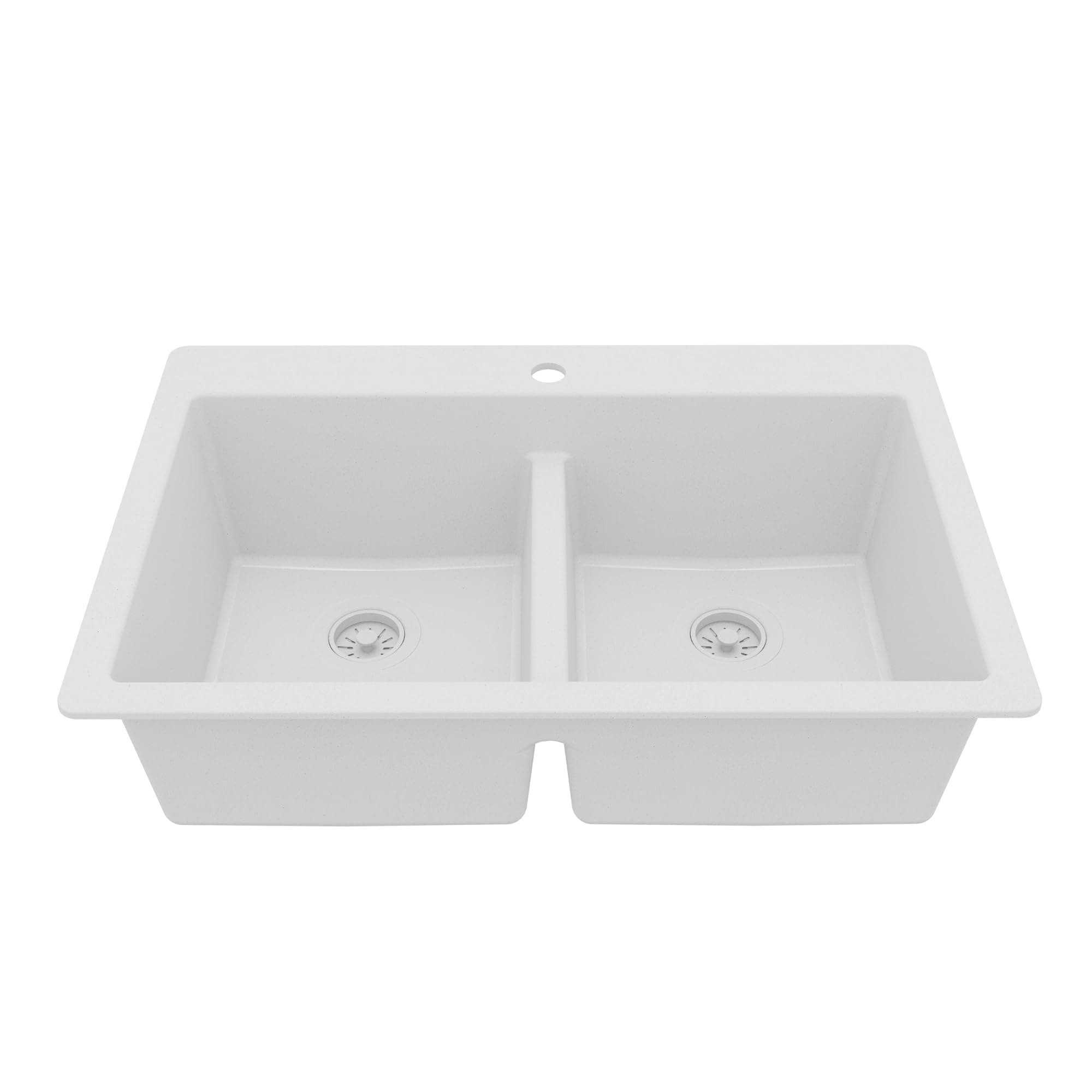 Karran 33 Inch White Quartz Composite Double Bowl Kitchen Sink, Top Mount Drop-In 50/50 Low Divider, Heat & Impact Resistant Granite Quartz Sink with Sound Dampening, QT-810