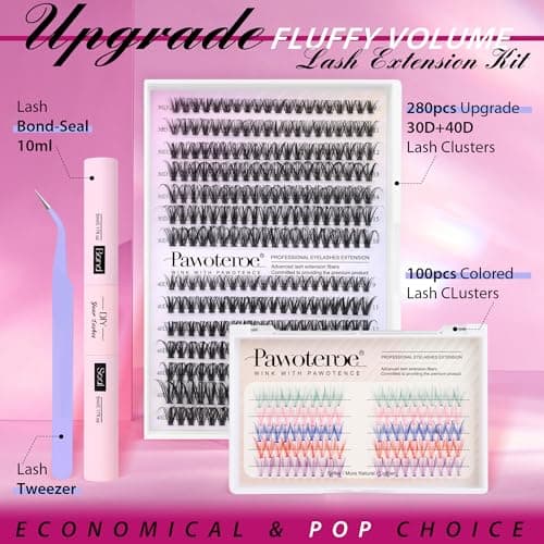 Pawotence DIY Lash Extension Kit 380pcs Individual Lash Clusters Eyelash Extension Kit 40D Curl Cluster Lashes Colored Lash Bond and Seal and Lash Applicator Self Application at Home (380PCS COLOR)