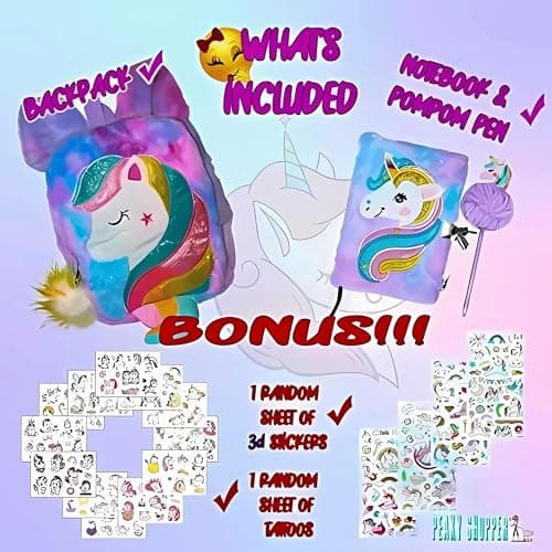 Fluffy Unicorn Backpack Rainbow Cute Plush Bag with Purse or Fuzzy Notebook & Pom-Pom Pen & Stickers Soft Toy Stylish School Supplies Girl’s Dream Gift Diary Notebook Kids