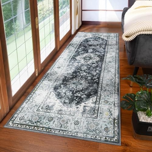 YJ.GWL Area Rug 2x6, Machine Washable Hallway Runner Rug, Boho Floral Vintage Distress Print Pattern Carpet, Low Pile Lightweight Thin Rugs for Entryway, Kitchen and Corridor, Blue/Grey