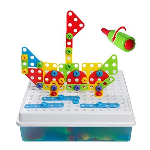 Mosaic Puzzle Construction Toys 3D Creative Building Bricks Blocks Assembly Set with Storage Box Screw Nuts Tools Construction Toys for Boys Girls age 3 4 5