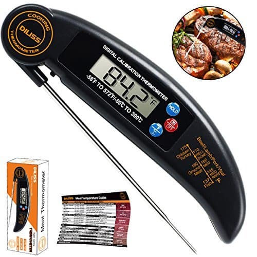 DILISS Instant Read Meat Thermometer, Super Fast Accurate Cooking Thermometer Electronic Kitchen Thermometer with Digital LCD, Collapsible Internal Probe for Food, Candy, Milk, Coffee, Tea, BBQ Grill