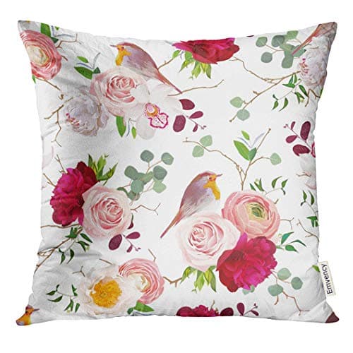 VANMI Throw Pillow Cover Natural with Cute Robin Birds and Bouquets of Peachy Roses White and Burgundy Red Peony Orchid Eucalyptus Decorative Pillow Case Home Decor Square 20x20 Inches Pillowcase