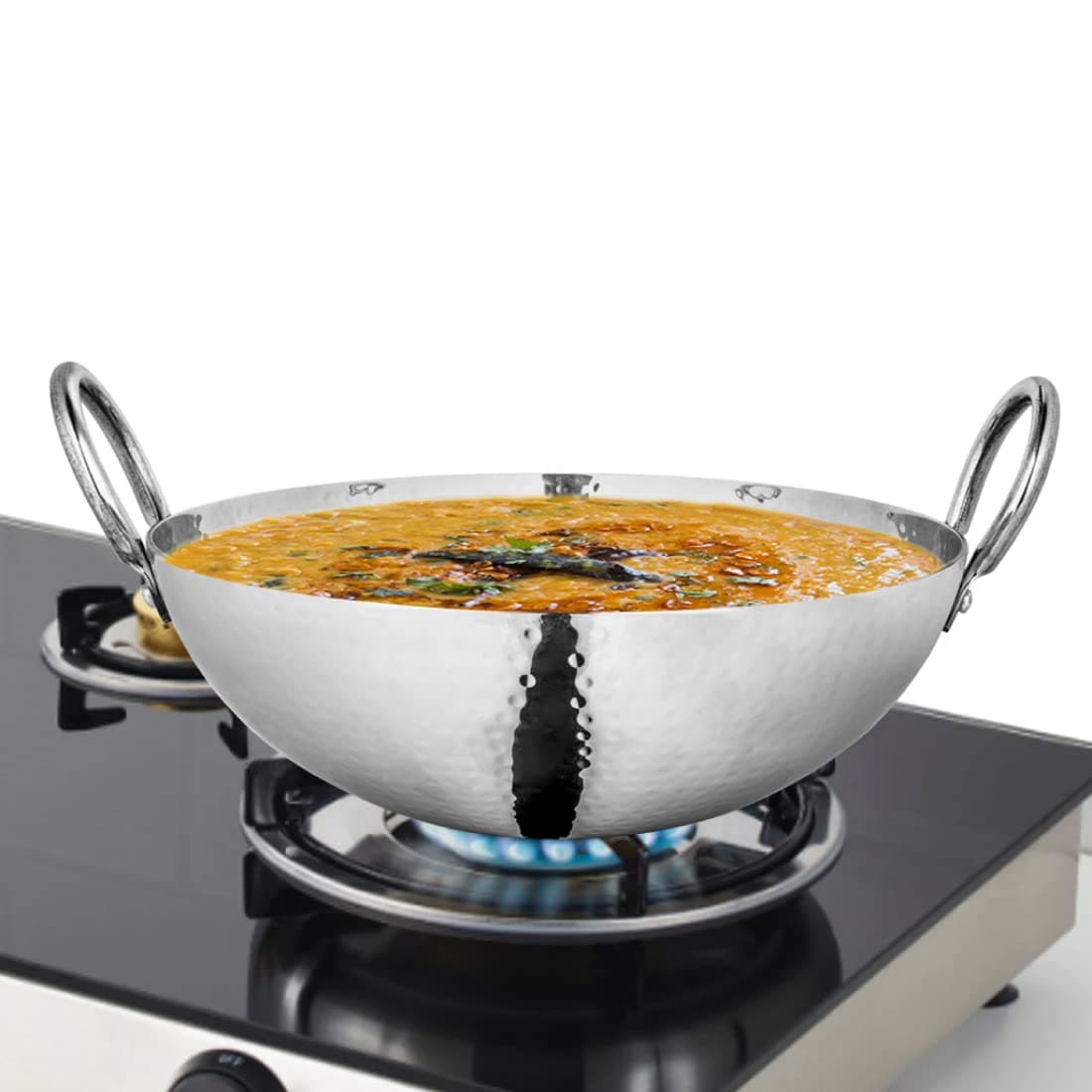 - Shri & Sam Stainless Steel 1.1 Litre Triply Deep Pro Light Weight Hammered Kadhai, 18 cm, 702 Grams, Gas & Induction Compatible, 5-Year Warranty