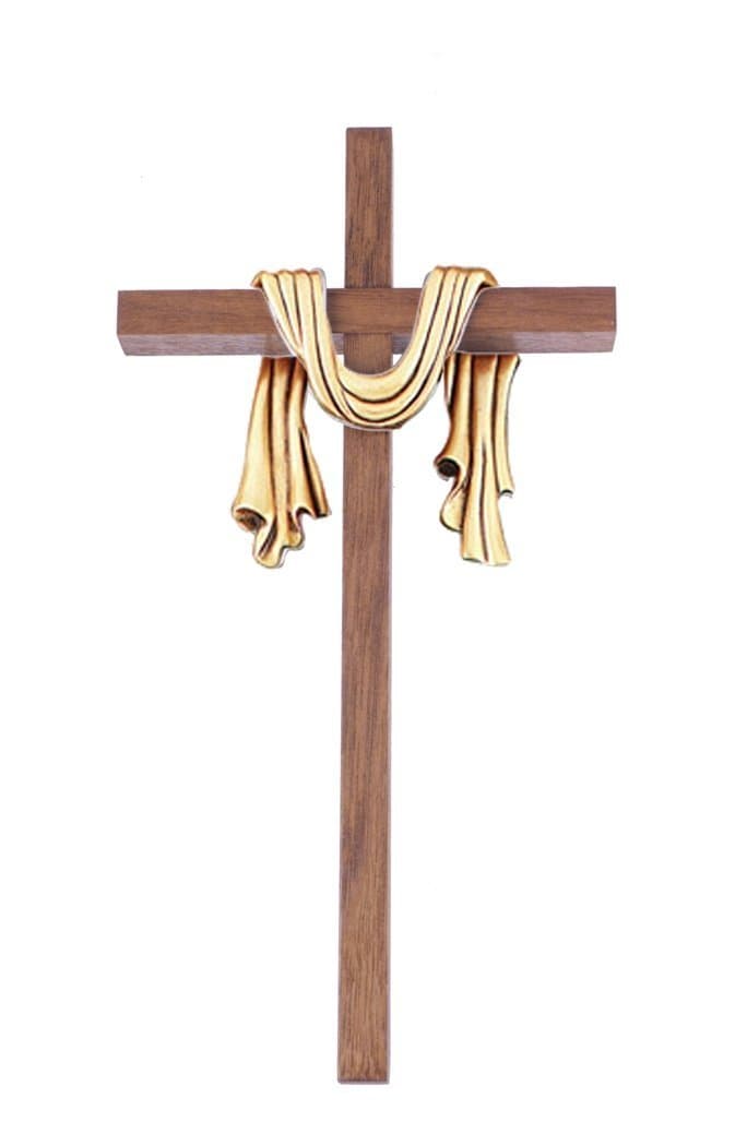 Walnut Wood Cross Adorned with Gold Toned Holy Shroud Robe, 10 Inch
