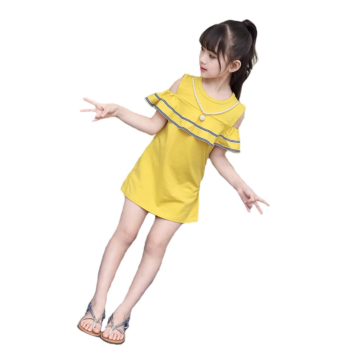 little dragon pig 2T Girl Yellow Summer Cold Shoulder 4th of July Dress Toddler Casual Party Dresses