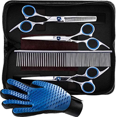 ELMA ALMI Dog Grooming Scissors - Dog Scissors for Grooming, Pet Grooming Scissors, Dog Grooming Kit (Blue, Straight Tip&Grooming Glove)