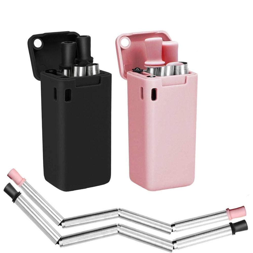 Reusable Straws Collapsible Stainless Steel Drinking Straws with Cleaning Brush Carrying Case Foldable Metal Straw for Outdoor Travel Party(Pack of 2)