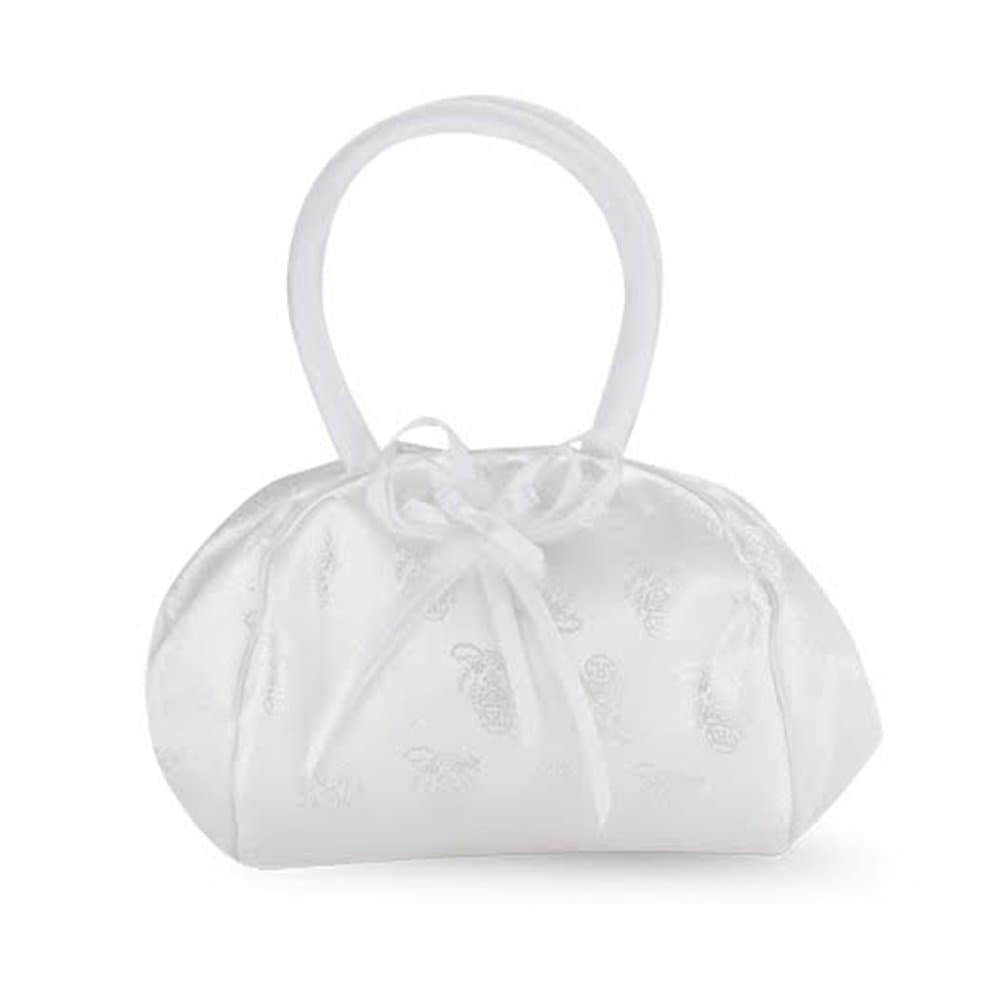 White Satin Embroided Deluxe Snap Purse with Padded Handles, 9 Inch