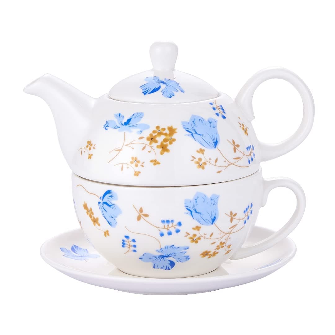 Porcelain Tea for One, Floral Teapot and Cup Set, Orchids