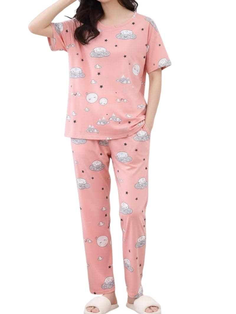 SMOWKLY Women’s Korean Style Night Suit Set | Cotton Half Sleeve Top & Pyjama Set | Round Neck Printed Nightsuit | Comfortable Nightwear & Loungewear for Women