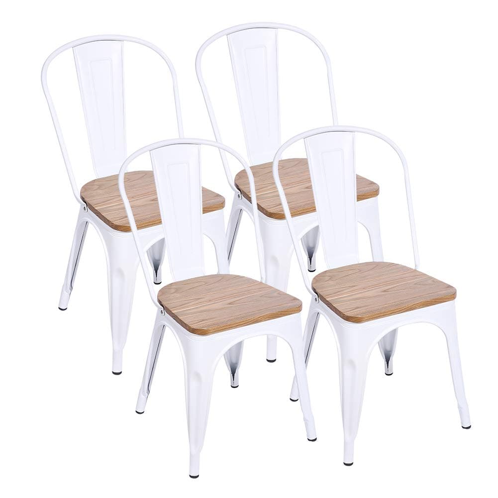 H JINHUI 4 Sets Metal Dining Chair - White Industrial Stackable Solid Wooden Seat Antique Kitchen Dining Chair for Wedding Café Restaurant Trattoria BBQ