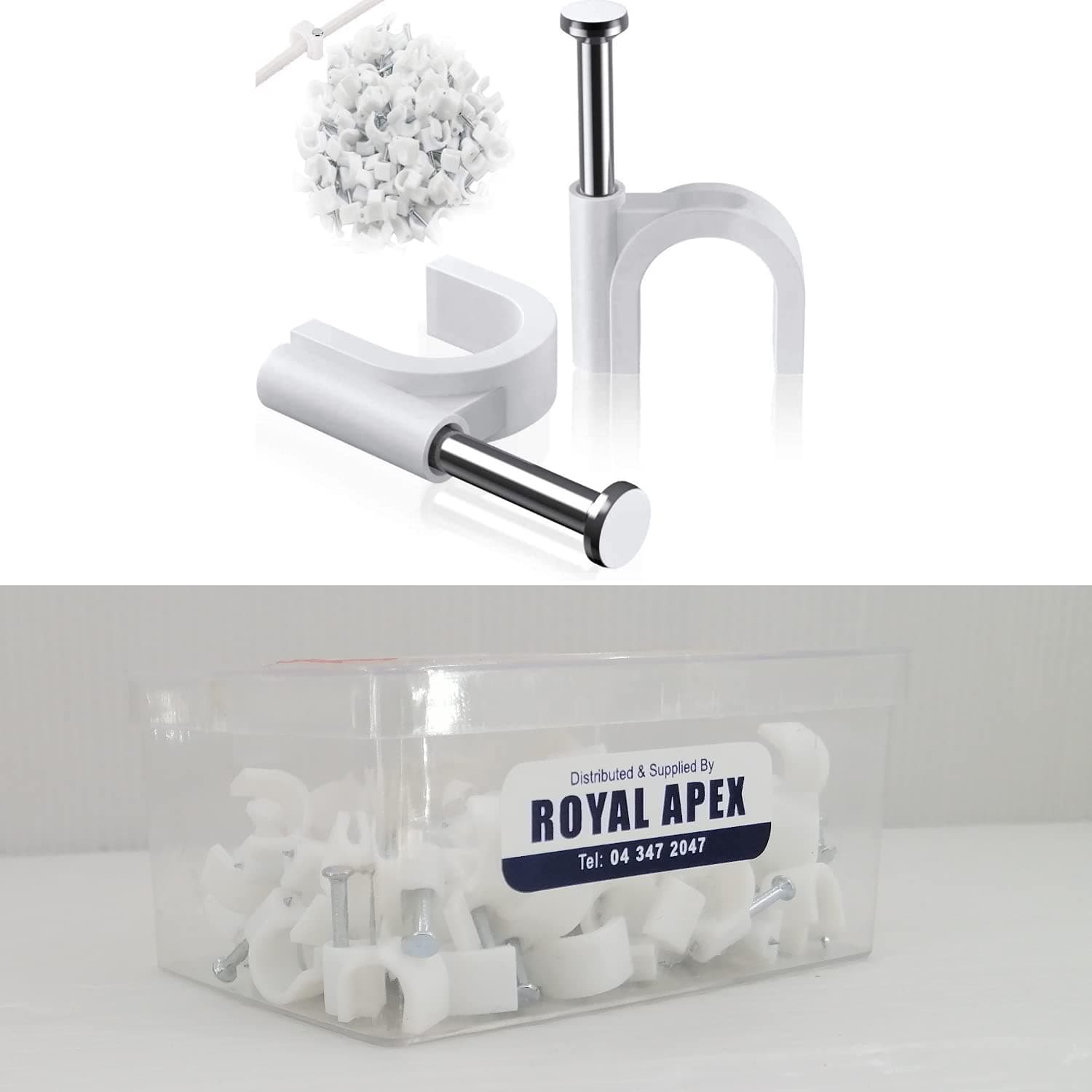 Royal Apex Electrical Cable Wire Round Clips, Steel Nails Tacks Holder for Organizing Electric Wires Cables Lines - White (10mm - 100Pcs)