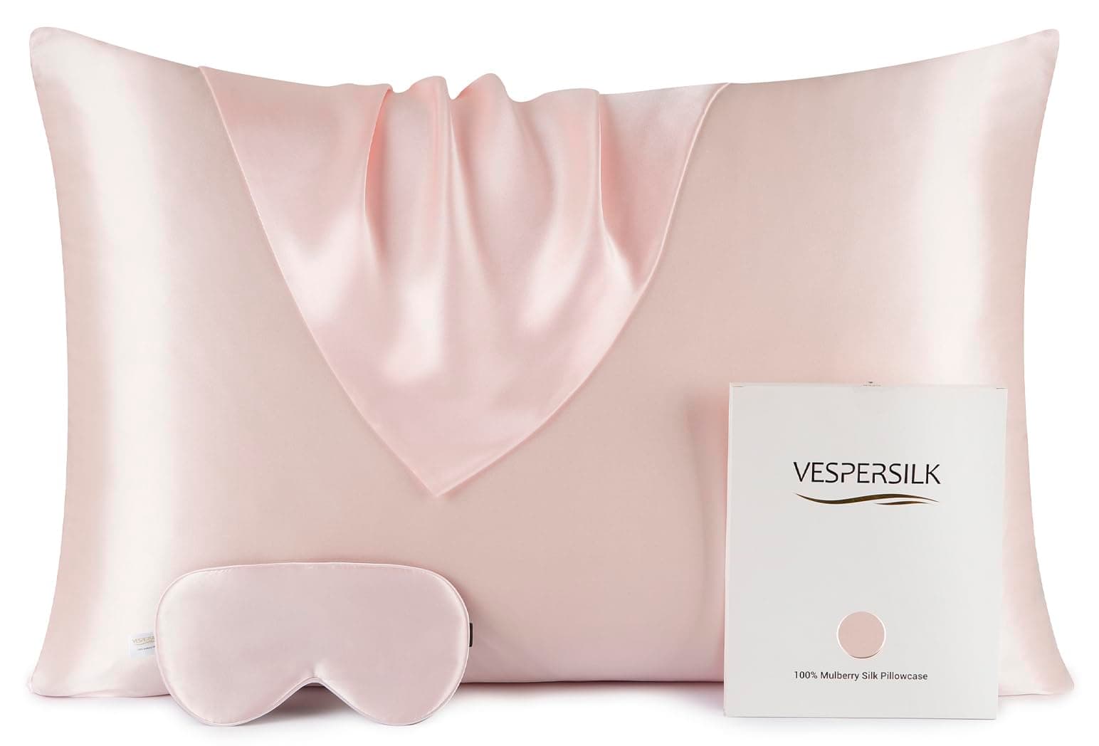 100% Pure Mulberry Silk Pillowcase for Hair and Skin, with Eye Mask for Sleeping. Genuine Grade 6A Silk Both Sides, 600 Thread Count, with Hidden Zipper (Standard 50x75cm, Pink)