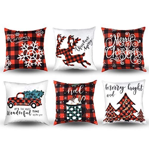 6 PCS Christmas Throw Pillow Cover Cushions Cover for Sofa 18 x 18 Inch christmas cushions Covers Buffalo Plaid Snowflake Merry Christmas Deer Christmas Tree Throw Pillow Case for Christmas Decoration