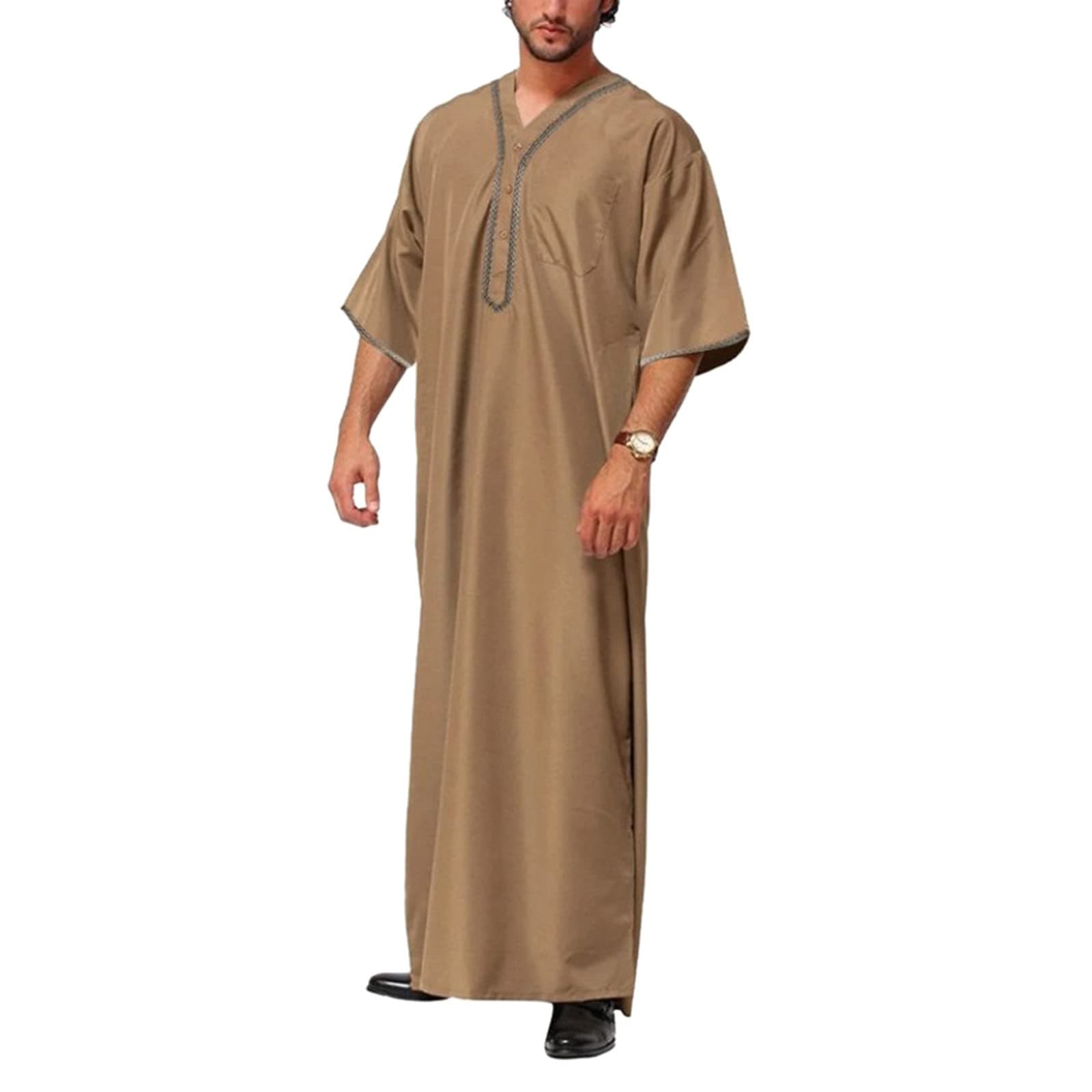 Men Muslim Thobe Arab Decal V-Neck Button Short Sleeve Kaftan Robe Islamic Ramadan Jubbah Middle East Cotton Thobe