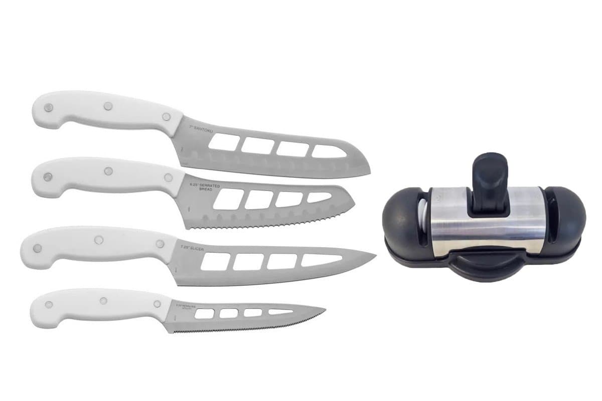 Mad Hungry Air Blade Knife set (White) with Sheaths and Knish Two-Stage Knife Sharpener