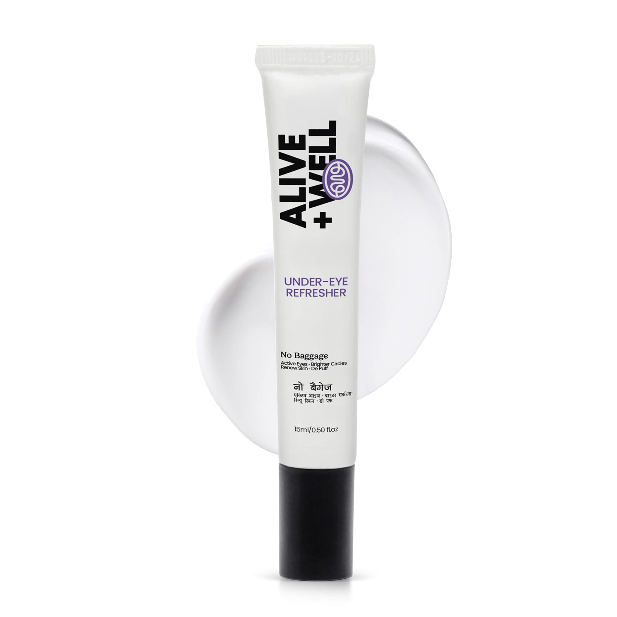 Alive + Well No Baggage Under Eye Cream Gel for Dark Circles & Puffiness, with Caffeine & Tripeptides, Reduces Fine Lines & Crows Feet, Dermatologist Crafted, Cooling Massage Applicator -15ml