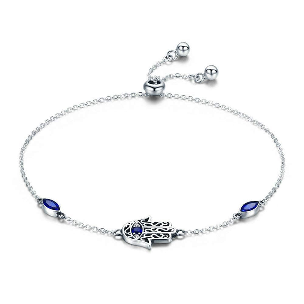 NewL925 Sterling Silver Lucky Hamsa Fatima Hand Chain Link Bracelets for Women Blue CZ Silver Jewelry