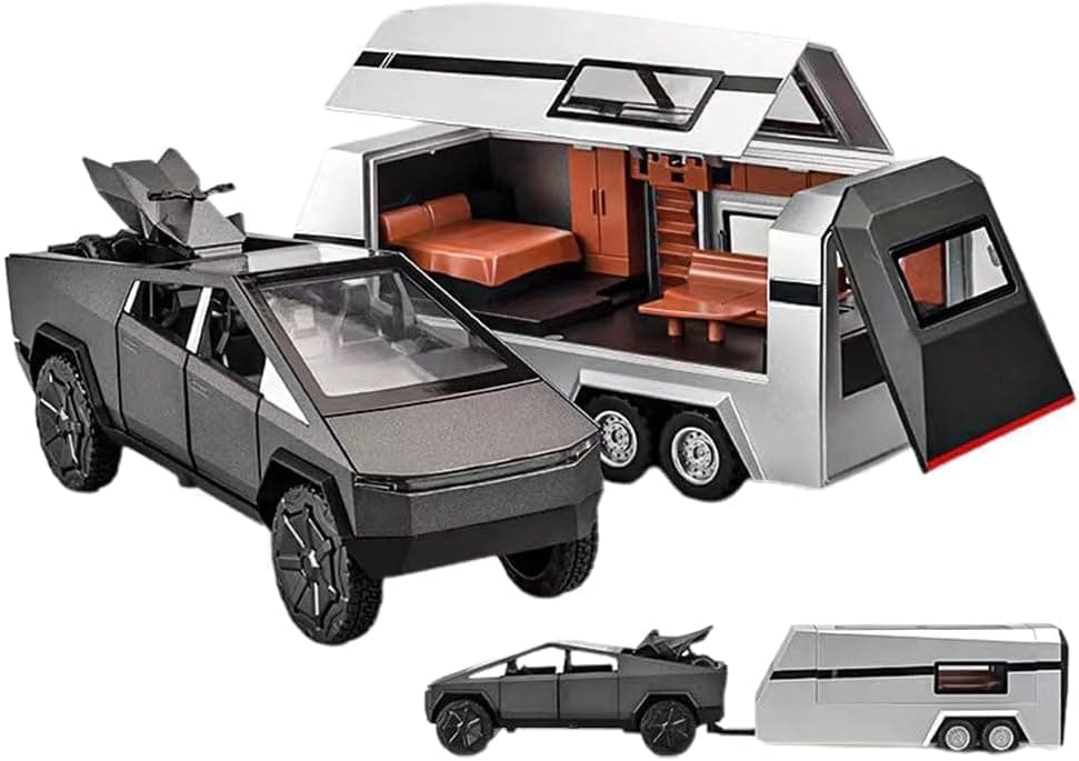 1:32 Scale Die-Cast Tesla CyberTruck with Pick-Up Trailer with 6 Openable Doors Pull Back Action,Lights & Music Best Vehicle Gift for Kids【Pack of 1】【Random Color】