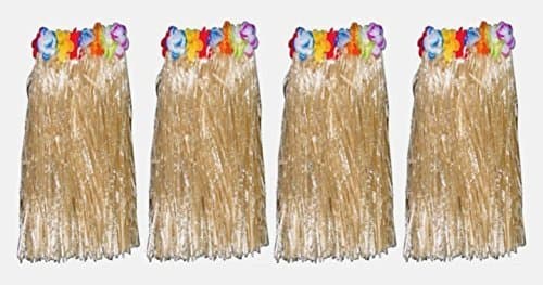 Tropical Haze Lot of 4 Plastic Flowered Luau Hula Skirts - Tan Raffia Color - Adults