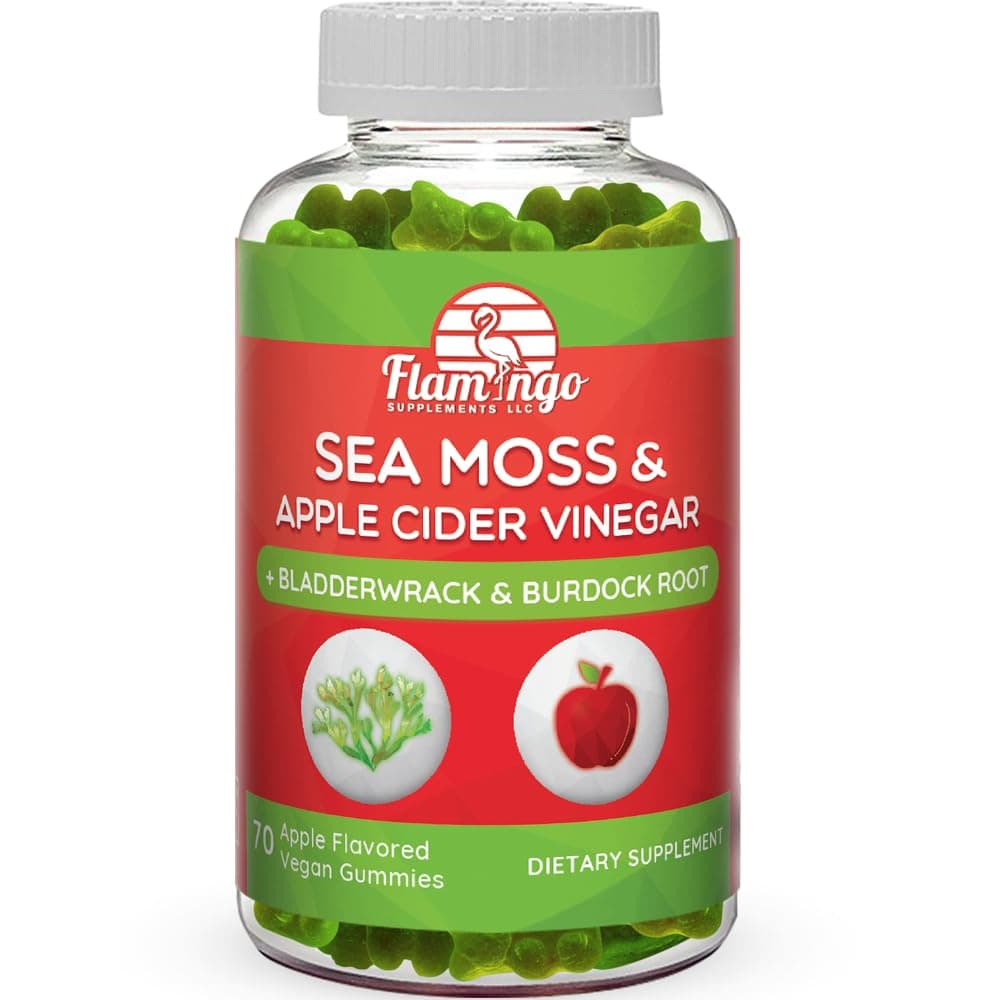 Flamingo Supplements Sea Moss Gummies with Apple Cider Vinegar, Bladderwrack, and Burdock Root- Vegan Gummies for Kids and Adults. Non GMO, Gluten Free. Apple Flavored- 70 Count