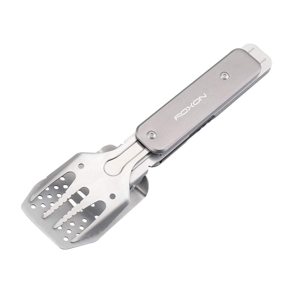 4 in 1 Mini Folding BBQ Barbecue Combo Tool Set with Spatula, Fork, Tongs and Bottle Opener for Hiking Camping (Grey)