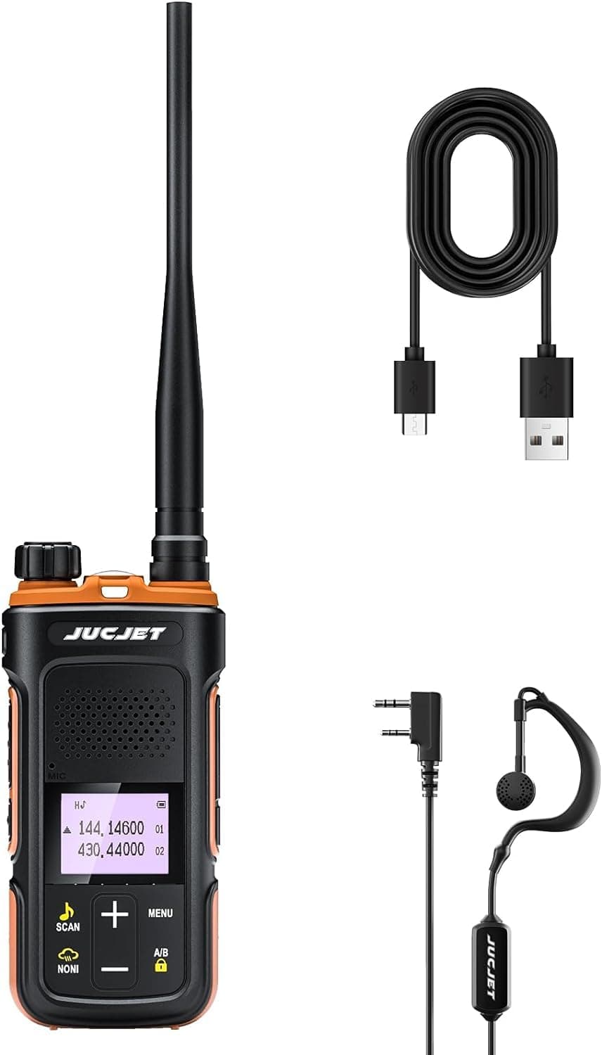 JUCJET p11 walkie Talkies, VHF/UHF Long Range Dual Band Walkie Talkie, LED Display 99 Memory Channel with Rechargable and Radio Function Supports VOX, with USB Charger and Original Earpiece(1 Pcs)