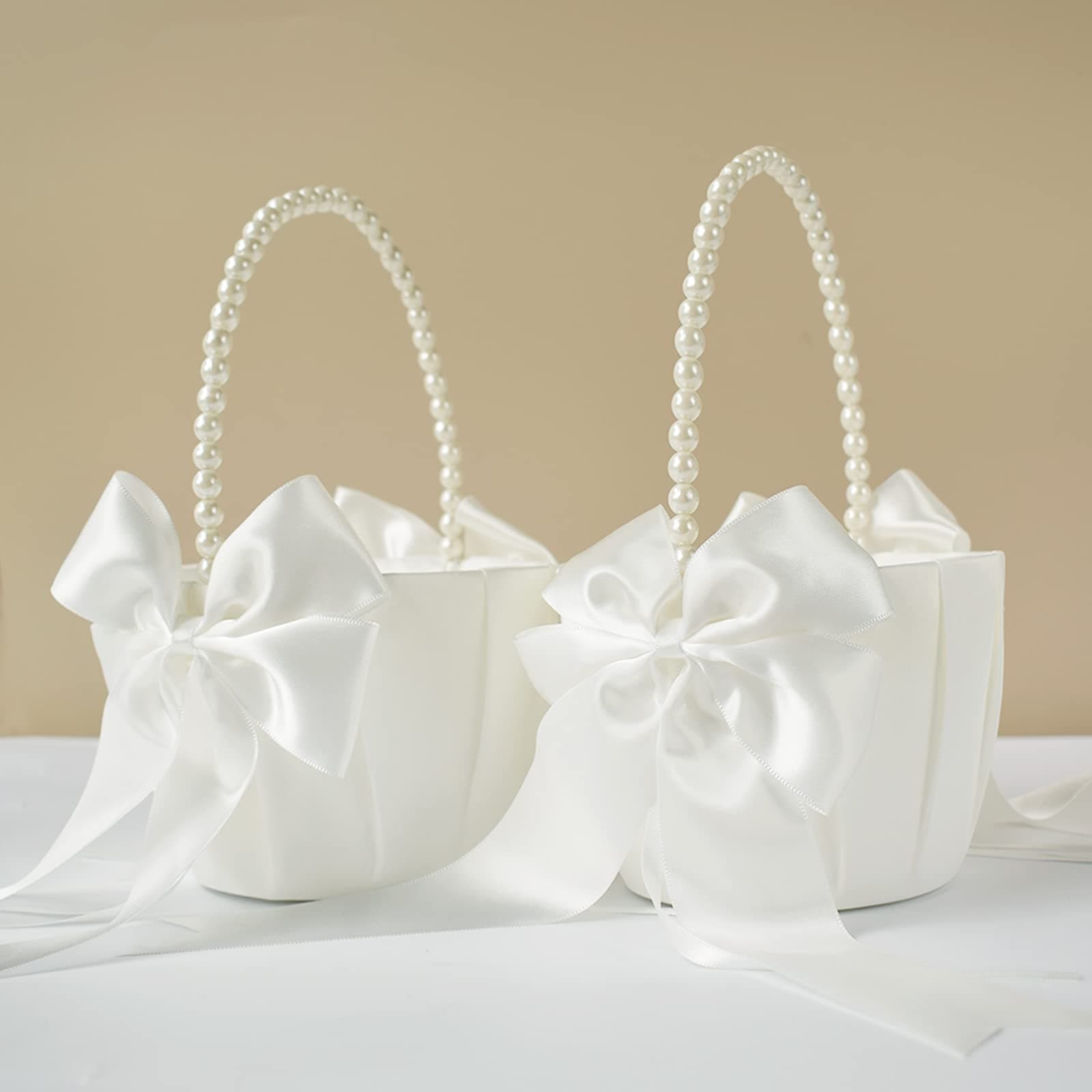 2 Pcs Wedding Flower Girl Baskets with Cute Pearl Handle Bowknot Satin Flower Baskets for Wedding Ceremony - Ivory